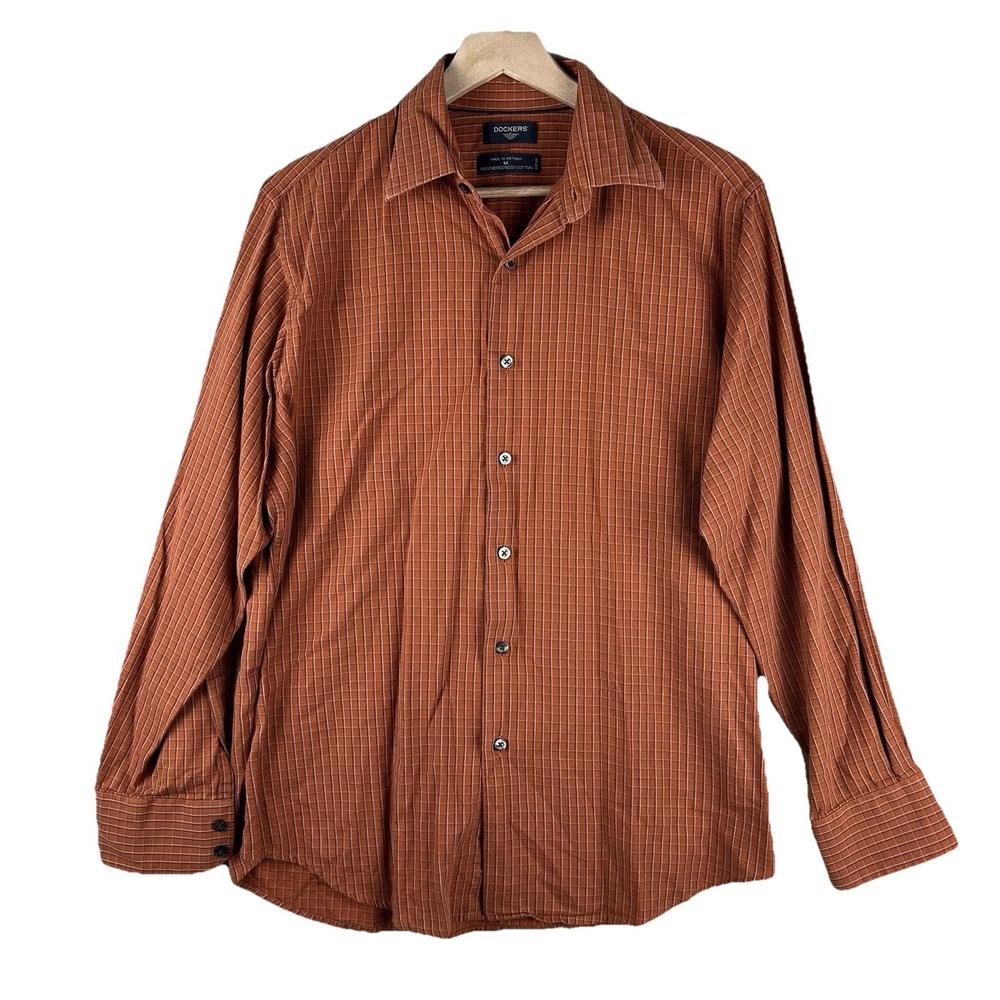 Dockers Men's Plaid Shirt Size M Orange Mercerized Cotton Button-Up Long Sleeve